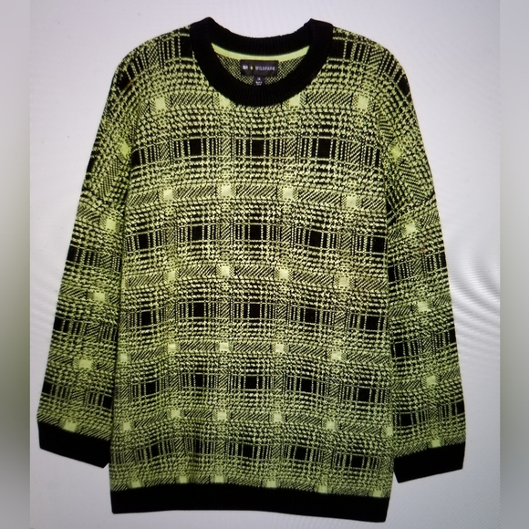 NWT BP+ WILDFANG WOMEN'S  CREWNECK SWEATER BLACK GREEN LAURA OMBRE PLAID - Picture 2 of 3